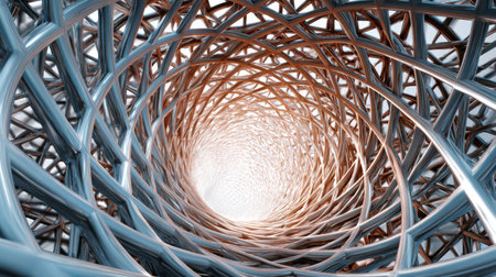 Explore the captivating beauty of a spiral structure formed by intertwined metallic strands, showcasing depth and abstract artistry in a mesmerizing design.の素材