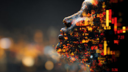 A striking image featuring a human profile silhouette filled with vibrant digital elements illustrating market data, symbolizing economic insights and innovation.の素材