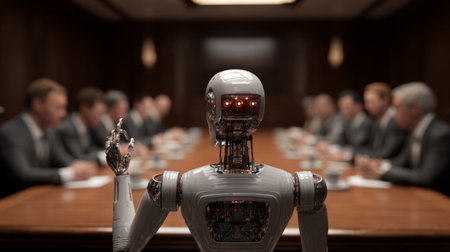 A futuristic robot stands in a boardroom, interacting with human professionals. The setting combines technology and corporate culture, emphasizing innovation.の素材