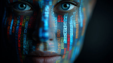 A striking portrait showcasing a human face painted with vibrant binary code, merging elements of technology and identity in a creative modern setting.の素材