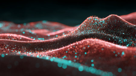 Dive into an abstract visualization of waves crafted from glimmering particles in radiant red and turquoise hues, evoking a sense of depth and fluidity.の素材