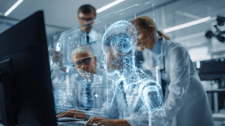 Scientists work in a modern research lab, analyzing data and interacting with advanced AI features displayed on a futuristic computer screen.の素材