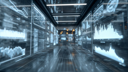 A futuristic corridor featuring numerous digital screens that showcase data analytics and visualization, creating an immersive high-tech environment.の素材