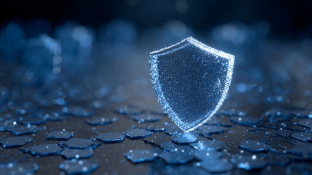 This striking 3D illustration features a shield surrounded by glowing particles, symbolizing security and protection in a digital world.の素材