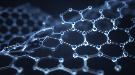 Explore a stunning abstract representation of molecular structures showcasing hexagonal and pentagonal patterns against a dark backdrop.の素材