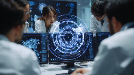 A group of scientists collaborate in a modern lab, focusing on computer screens and a holographic display that enhances data analysis and visualization.の素材