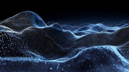 This stunning visualization features abstract blue waves with intricate textures and a glowing particle effect, evoking a sense of depth and tranquility.の素材
