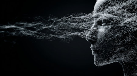 This stunning digital artwork features an abstract interpretation of a human face, composed of particles and smoke against a dark background.の素材
