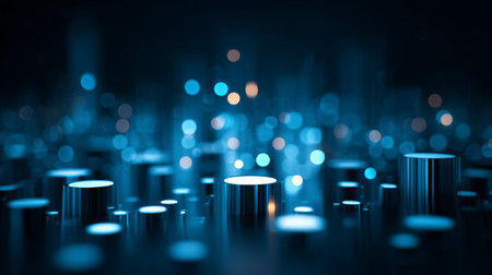 This abstract image features an array of metallic cylinders illuminated by vibrant blue lights, creating a futuristic and dreamy atmosphere.の素材