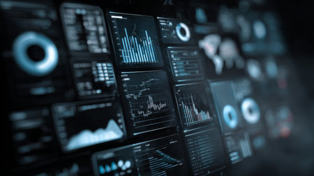 Explore a sophisticated data analytics dashboard featuring various graphs, charts, and metrics that enhance business decision-making and insights.の素材