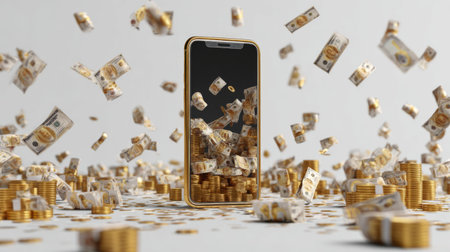 A striking illustration shows a smartphone at the center, surrounded by flying money and gold coins, symbolizing wealth and financial technology.の素材