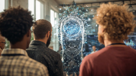 A group of three individuals observe an advanced digital interface featuring a holographic human head, embodying innovation and collaboration in technology.の素材