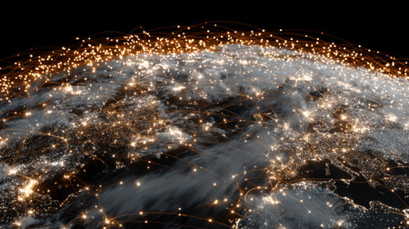 A stunning aerial view of the Earth at night, showcasing glowing cities and interconnected light trails, representing global technology and communication.の素材