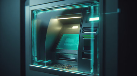 A sleek and modern ATM machine designed with a futuristic touch. This high-tech device showcases an advanced digital interface for seamless banking transactions.の素材