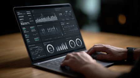 A close-up view of hands working on a laptop that features an advanced data analytics interface filled with graphs and metrics in a contemporary setting.の素材