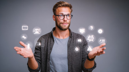 A young man with glasses stands against a gray background, expressing thoughtfulness as he gestures towards floating technology icons, symbolizing innovation.の素材