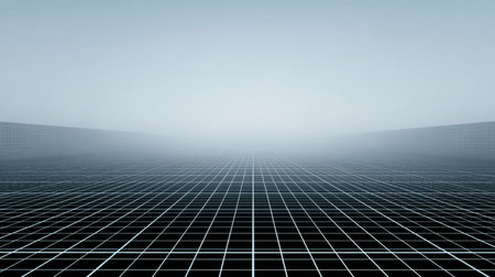 A serene and minimalistic design featuring a grid floor disappearing into a soft blue fog, creating an expansive and tranquil atmosphere.の素材