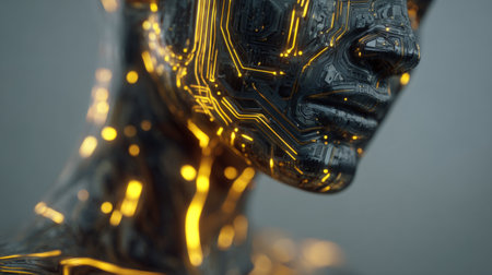 Detailed portrait of a futuristic robot with a glowing circuit pattern. The metallic surface reflects advanced technology and innovation in design.の素材