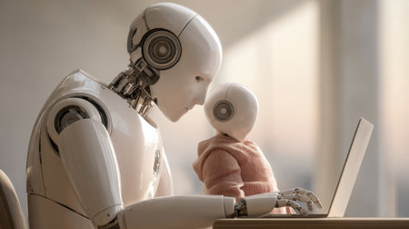 A human-like robot and a robotic child engage while interacting with a laptop in a bright indoor space, showcasing technology and creativity.の素材