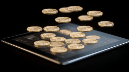A captivating image depicting floating gold coins above a sleek digital tablet, representing innovation in modern finance and digital transactions.の素材