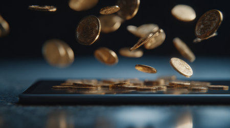 Dynamic scene showcasing gold coins falling onto a smartphone, illustrating the intersection of wealth and technology in modern finance.の素材
