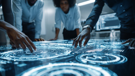 A diverse team collaborates around a high-tech digital interface, showcasing hands-on interaction with data visualization in a modern workspace.の素材