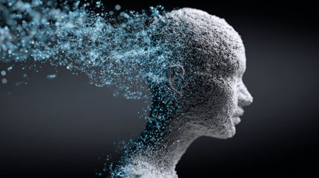 This abstract image features a human figure dissolving into particles, representing thoughts and creativity in a modern digital landscape.の素材