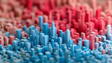 A vibrant 3D model of a cityscape featuring a mix of red and blue buildings, illustrating urban complexity and creative design.の素材