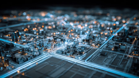 A captivating view of a futuristic city landscape featuring glowing lights and intricate network connections, showcasing modern technology and innovation.の素材