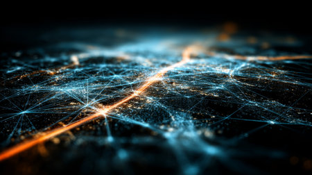 This vibrant image showcases a futuristic digital network with glowing connections, representing the flow of data and technology in a modern world.の素材