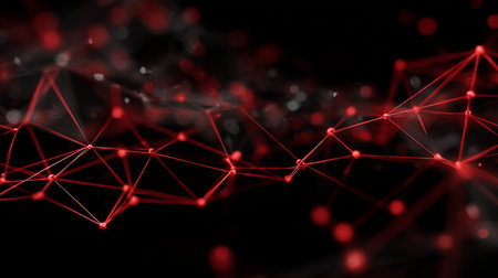 A striking abstract network depicted in red hues, featuring glowing dots and intricate connections. Perfect for technology and design themes.の素材