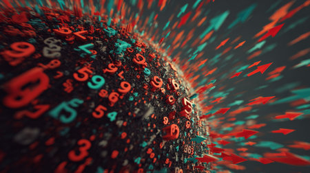 An abstract visualization of flowing data, featuring dynamic numbers and arrows radiating from a central point against a dark backdrop.の素材
