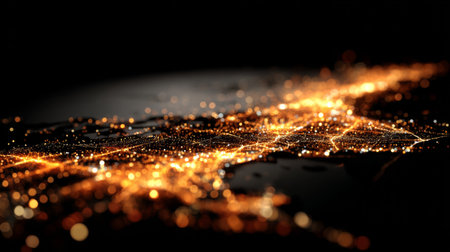 Stunning aerial view capturing an urban landscape bathed in night lights, showcasing the intricate patterns of modern city life against a dark background.の素材