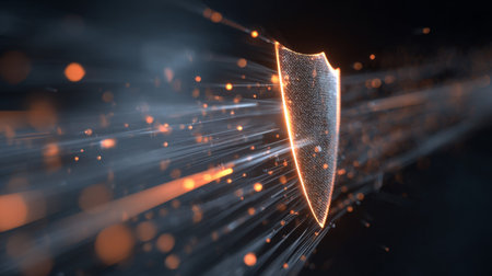 This stock photo captures a digital shield concept with vibrant neon lights and motion effects, symbolizing security and protection in a cyber environment.の素材