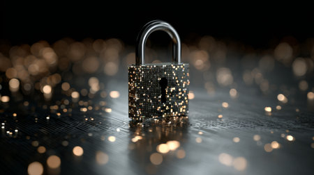 A stunning image of a sparkling padlock set against a dark backdrop, surrounded by luminous bokeh lights, representing security and safety concepts.の素材