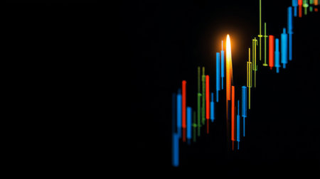 A vibrant candlestick chart displays price movements in a dark setting, highlighting key trading moments for financial analysis and strategy.の素材
