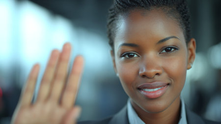 A friendly woman stands in a modern urban setting, smiling warmly with her hand raised in greeting, embodying confidence and approachability.の素材
