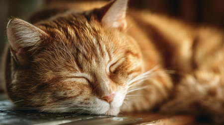 A serene image of a sleeping orange cat basking in the warm sunlight on a wooden surface, capturing the essence of comfort and tranquility in a cozy environment.の素材