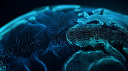 A stunning abstract visualization depicting the Earth's surface with intricate digital lines illustrating topography and ocean depths.の素材