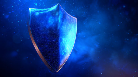 A vibrant blue shield icon floats in a captivating background, representing themes of protection, security, and digital safety in modern design.の素材