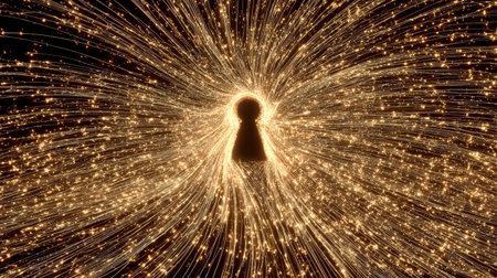This captivating abstract image features a keyhole surrounded by radiant light particles, symbolizing mystery, exploration, and illumination.の素材