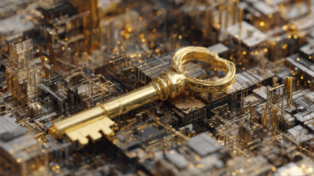 A striking golden key rests on a detailed cityscape backdrop, symbolizing the themes of growth, innovation, and opportunities in urban environments.の素材
