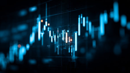 This image features a captivating blue and dark graph depicting stock market trends through candlestick patterns, emphasizing data analysis in finance.の素材