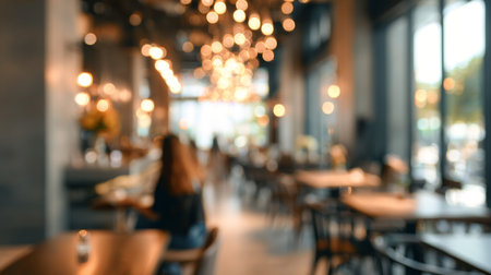This image captures a cozy cafe interior with warm lights and a blurred background, creating an inviting atmosphere for social gatherings and relaxation.の素材