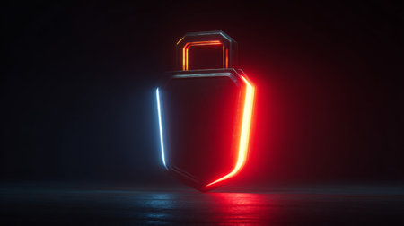 This image features a striking 3D digital lock illuminated by neon lights, set against a dark backdrop, perfect for cybersecurity themes.の素材