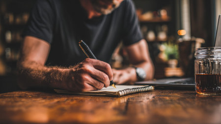 A focused individual writes thoughtfully in a notebook while seated at a wooden table, surrounded by a warm and inviting indoor atmosphere.の素材