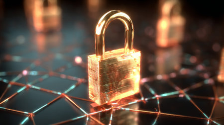 A glowing golden padlock stands prominently on a digital network background, symbolizing security and protection in the realm of cybersecurity.の素材