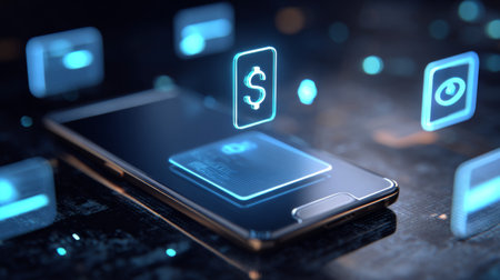 A modern smartphone displays digital payment icons in a holographic interface, illustrating the evolution of mobile finance technology and transactions.の素材