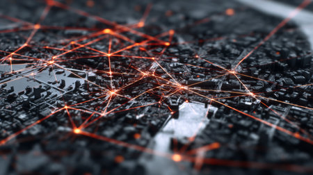This image depicts an abstract interpretation of urban connectivity, featuring glowing lines over a detailed city map, symbolizing technology and data flow.の素材