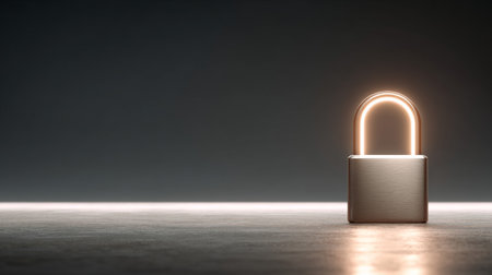 A shiny metallic padlock features an illuminated shackle, symbolizing security and protection in a minimalist environment with dark tones.の素材